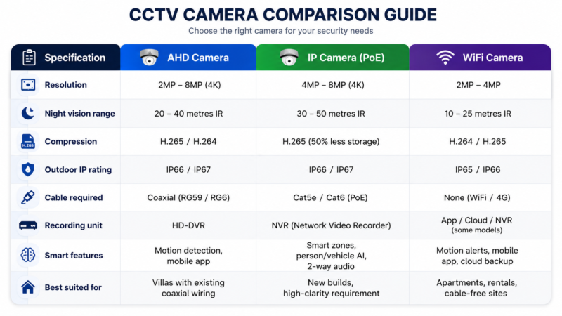 Best CCTV camera types for home in Qatar comparing AHD, IP PoE, and WiFi security camera systems