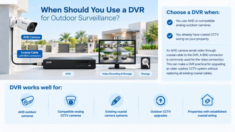 DVR connected to outdoor AHD cameras through coaxial cable
