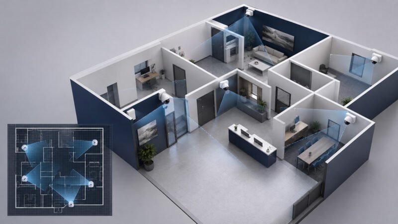 Indoor CCTV coverage plan showing camera positions and blind spots