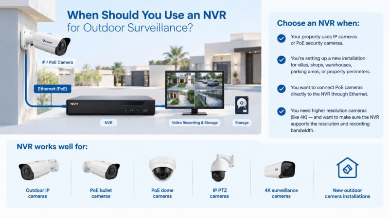 PoE NVR connected to outdoor IP security cameras