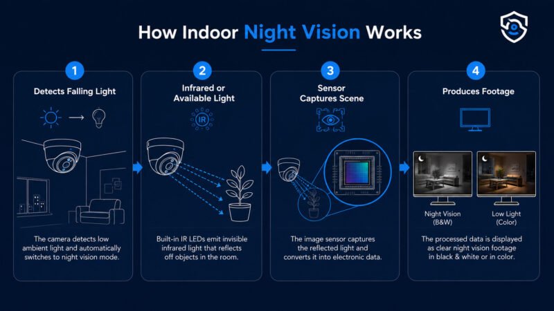 4-step minimal infographic explaining how indoor night vision CCTV cameras work using infrared light and image sensors.