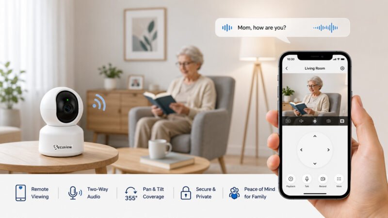 Indoor WiFi camera for elderly family monitoring with remote viewing and two-way audio