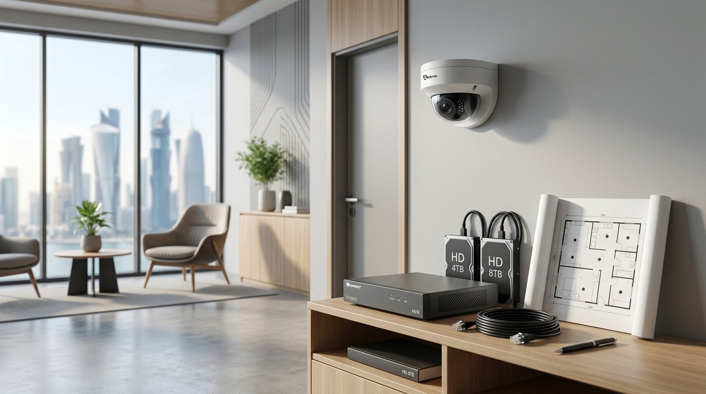 Indoor CCTV installation cost in Qatar with security cameras, NVR, storage and installation equipment