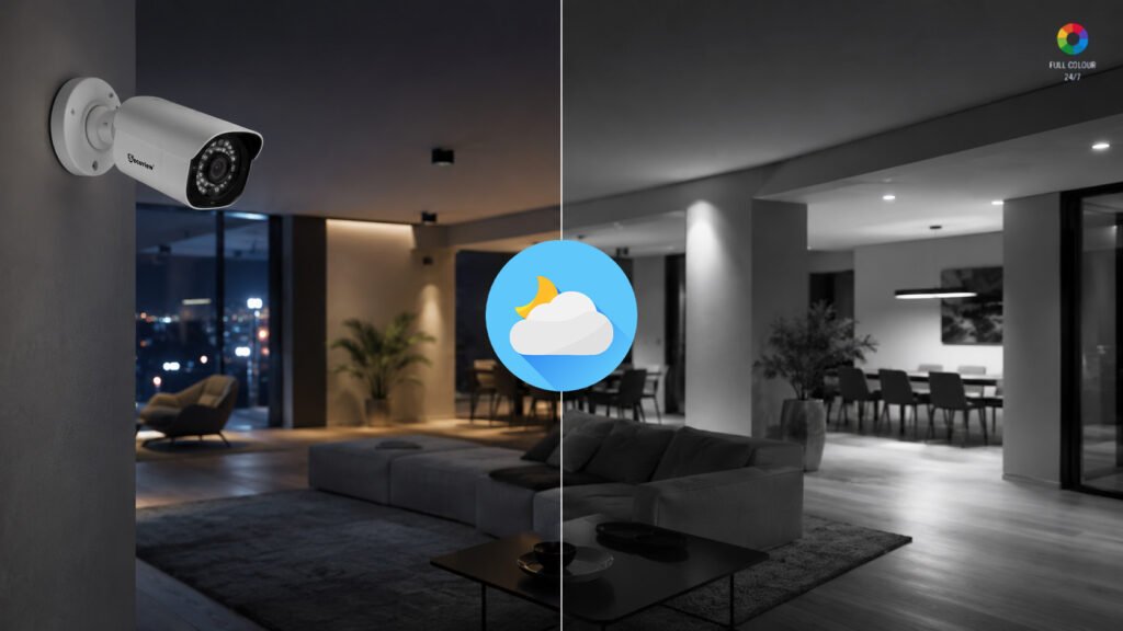 Indoor night vision CCTV camera monitoring a room at night