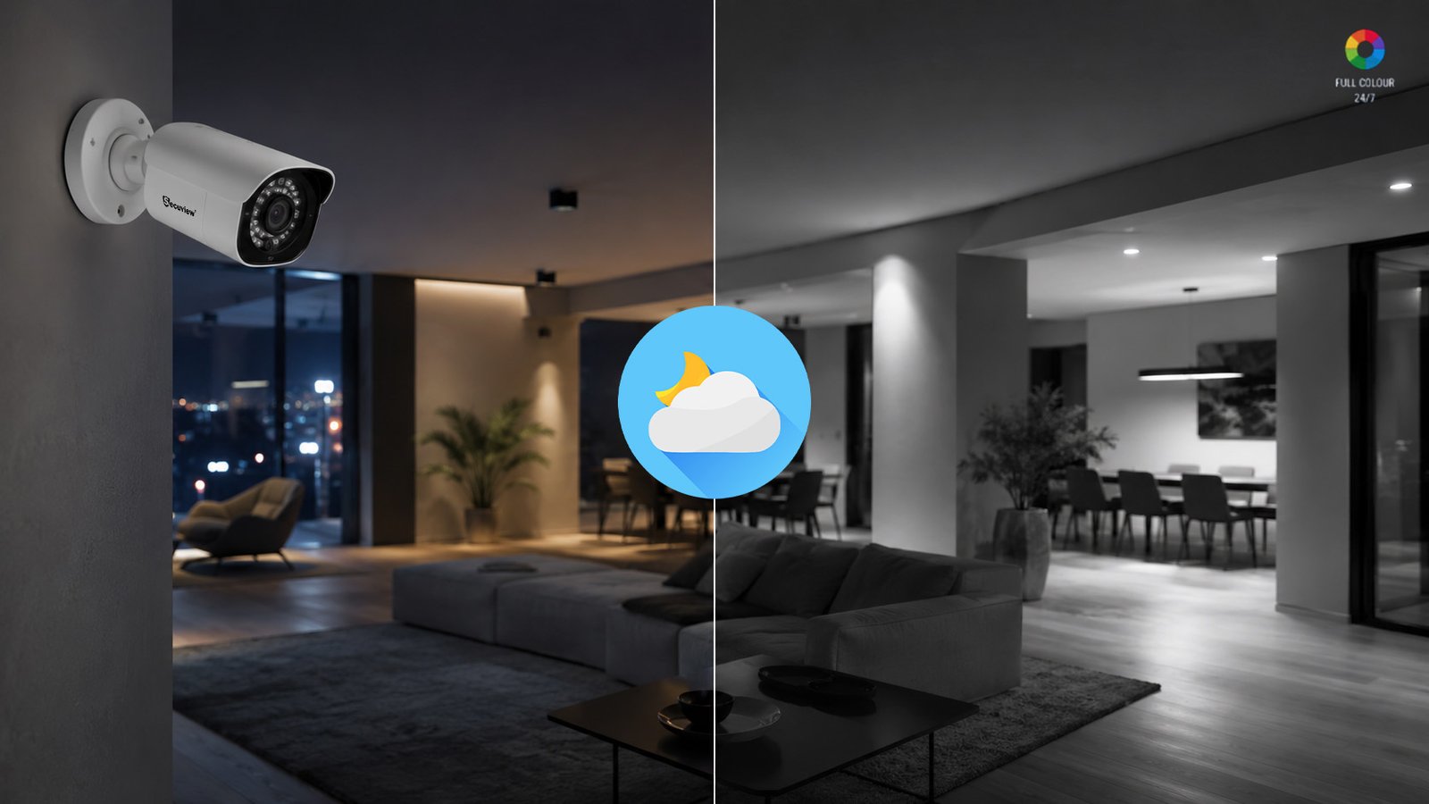 Indoor night vision CCTV camera monitoring a room at night