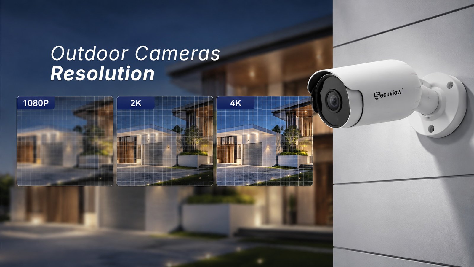 Outdoor security camera resolution comparison showing 1080p, 2K, and 4K