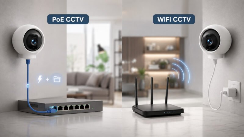 WiFi and PoE indoor CCTV cameras showing wireless and Ethernet connections