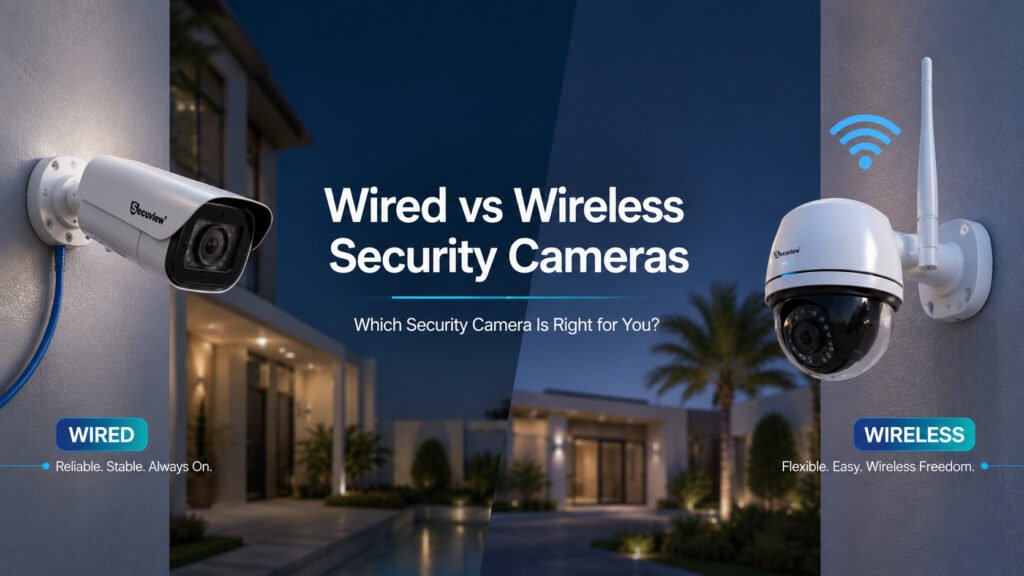 Wired vs wireless security cameras comparison showing PoE wired CCTV and WiFi wireless camera installation for homes and businesses.