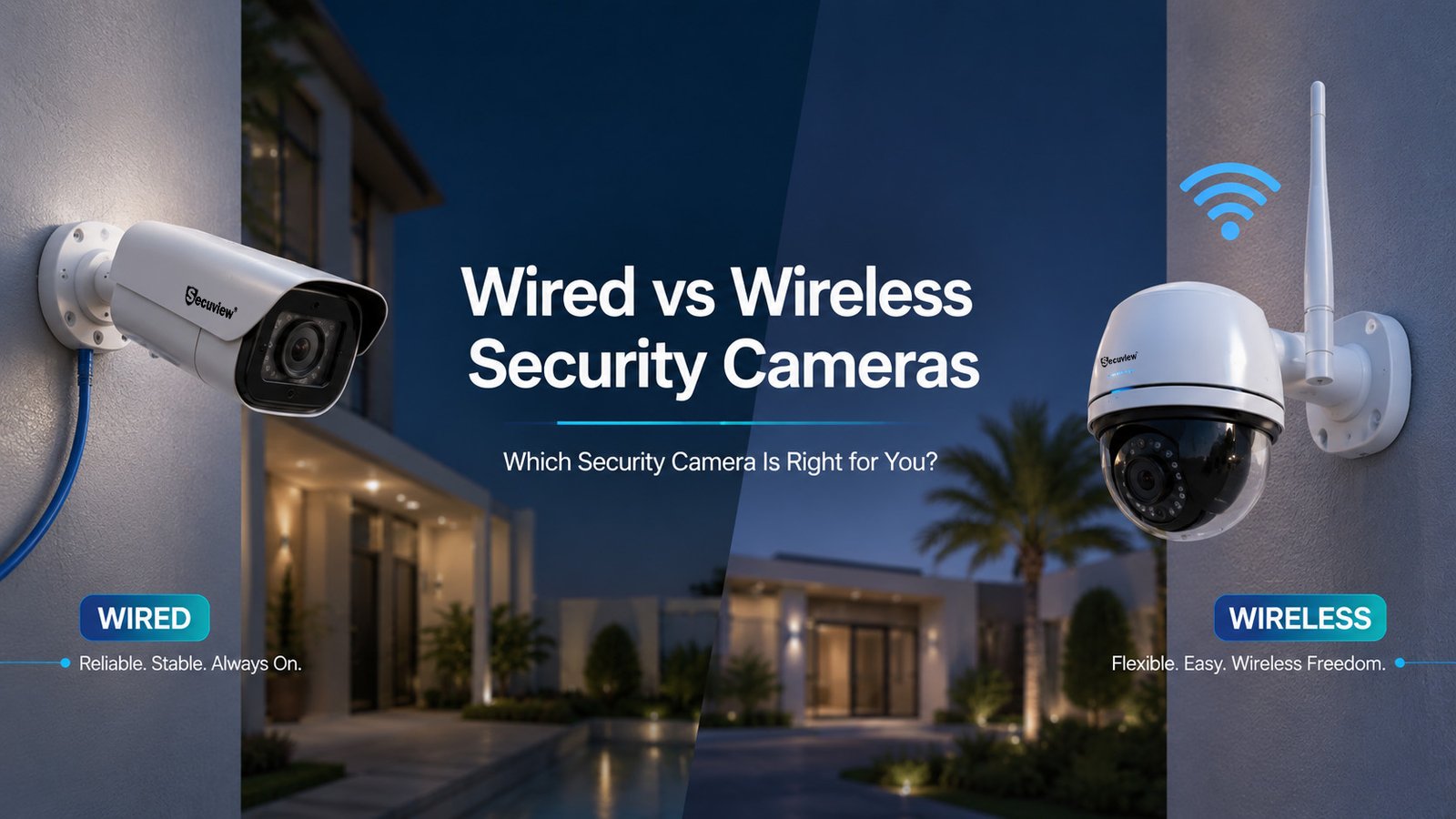 Wired vs wireless security cameras comparison showing PoE wired CCTV and WiFi wireless camera installation for homes and businesses.